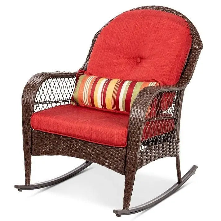 Outdoor Patio Brown Wicker Rocking Chair with Red Cushions and Accent Pillow - Patio Chairs