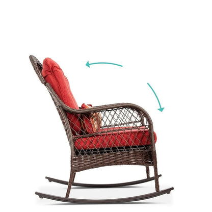 Outdoor Patio Brown Wicker Rocking Chair with Red Cushions and Accent Pillow - Patio Chairs