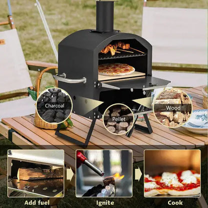 Outdoor Pizza Oven with Anti-scalding Handles and Foldable Legs-Black - Color:Black - Outdoor Oven