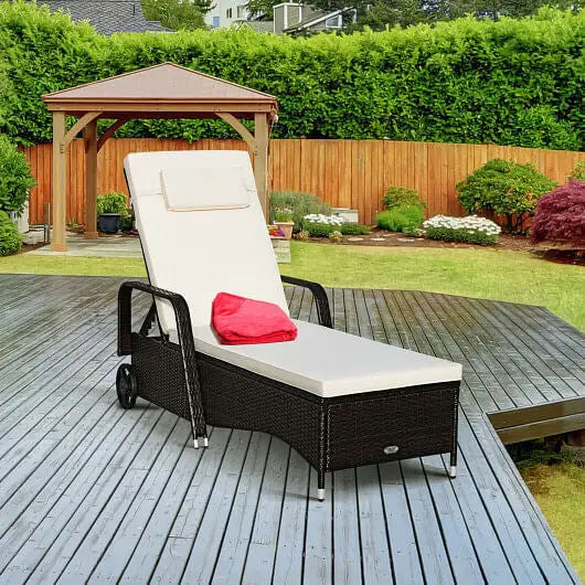 Outdoor Recliner Cushioned Chaise Lounge with Adjustable Backrest - Color:White - Outdoor Chaise Lounges