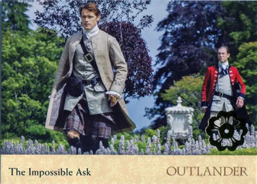 Outlander Season 2 Gold Jacobite Seal Parallel featuring characters in period costume