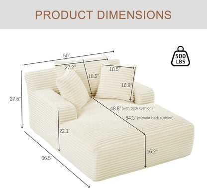 50" Oversized Chaise Lounge Sofa Chair Indoor, Modern Corduroy Sleeper Sofa Cloud Couch with 3 Soft Pillows, Comfy Single Seat Floor Chair for Living Room Apartment Office (White)-1