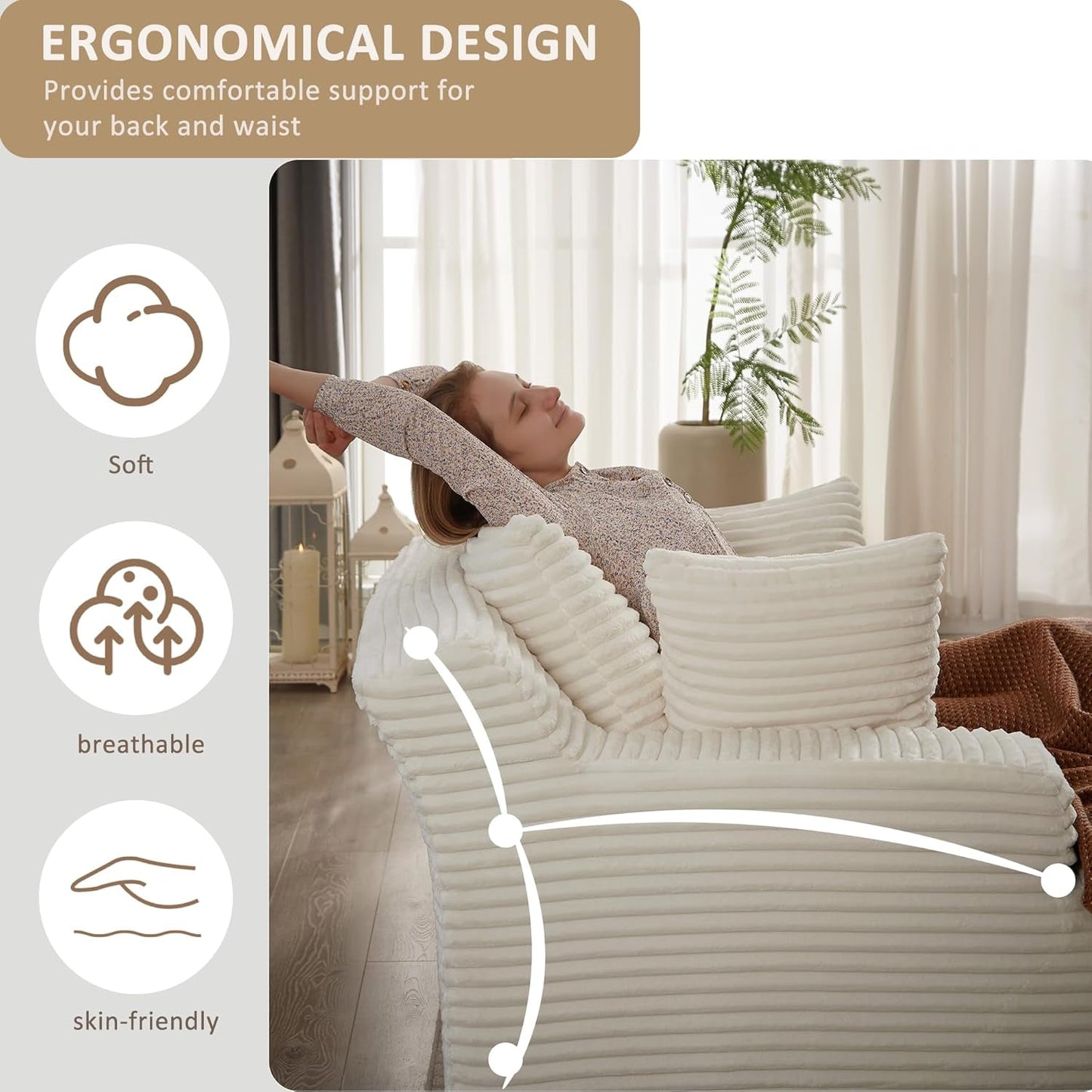 50" Oversized Chaise Lounge Sofa Chair Indoor, Modern Corduroy Sleeper Sofa Cloud Couch with 3 Soft Pillows, Comfy Single Seat Floor Chair for Living Room Apartment Office (White)-3