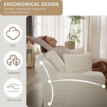 50" Oversized Chaise Lounge Sofa Chair Indoor, Modern Corduroy Sleeper Sofa Cloud Couch with 3 Soft Pillows, Comfy Single Seat Floor Chair for Living Room Apartment Office (White)-3