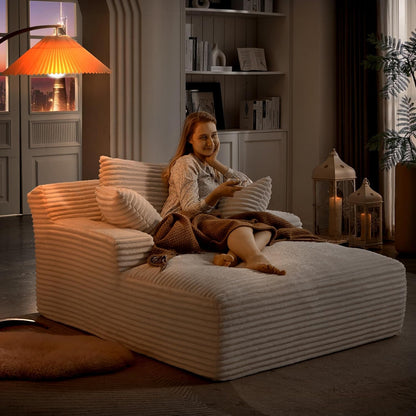 50" Oversized Chaise Lounge Sofa Chair Indoor, Modern Corduroy Sleeper Sofa Cloud Couch with 3 Soft Pillows, Comfy Single Seat Floor Chair for Living Room Apartment Office (White)-4