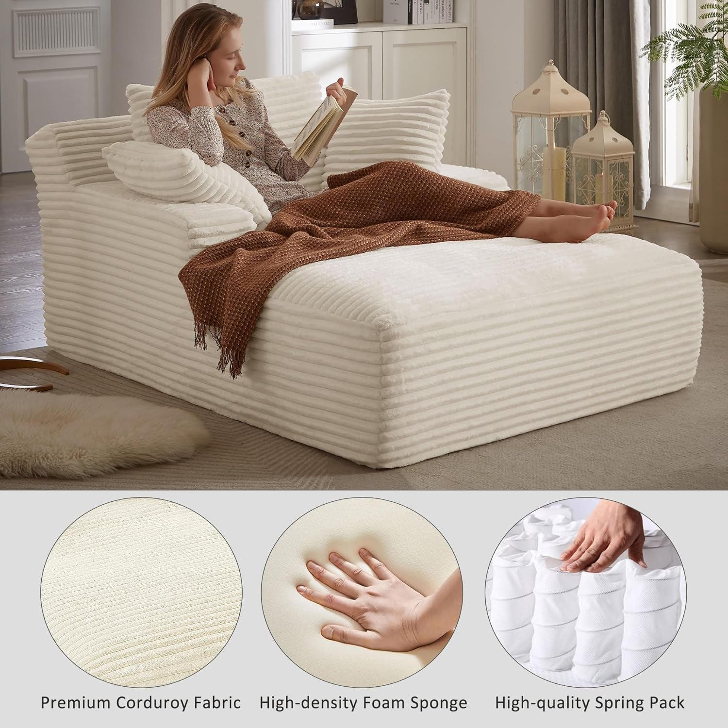 50" Oversized Chaise Lounge Sofa Chair Indoor, Modern Corduroy Sleeper Sofa Cloud Couch with 3 Soft Pillows, Comfy Single Seat Floor Chair for Living Room Apartment Office (White)-2