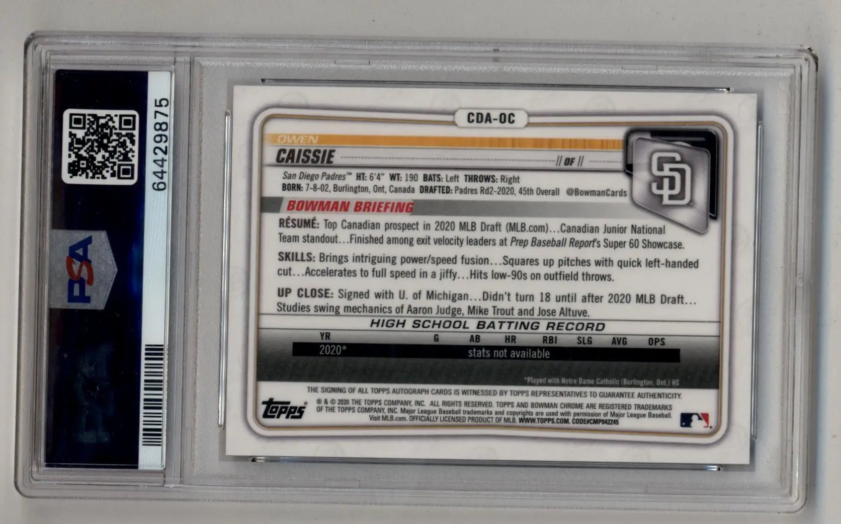 Baseball card in PSA slab Owen Caissie 2020 Bowman Chrome Draft Purple Refractor Auto