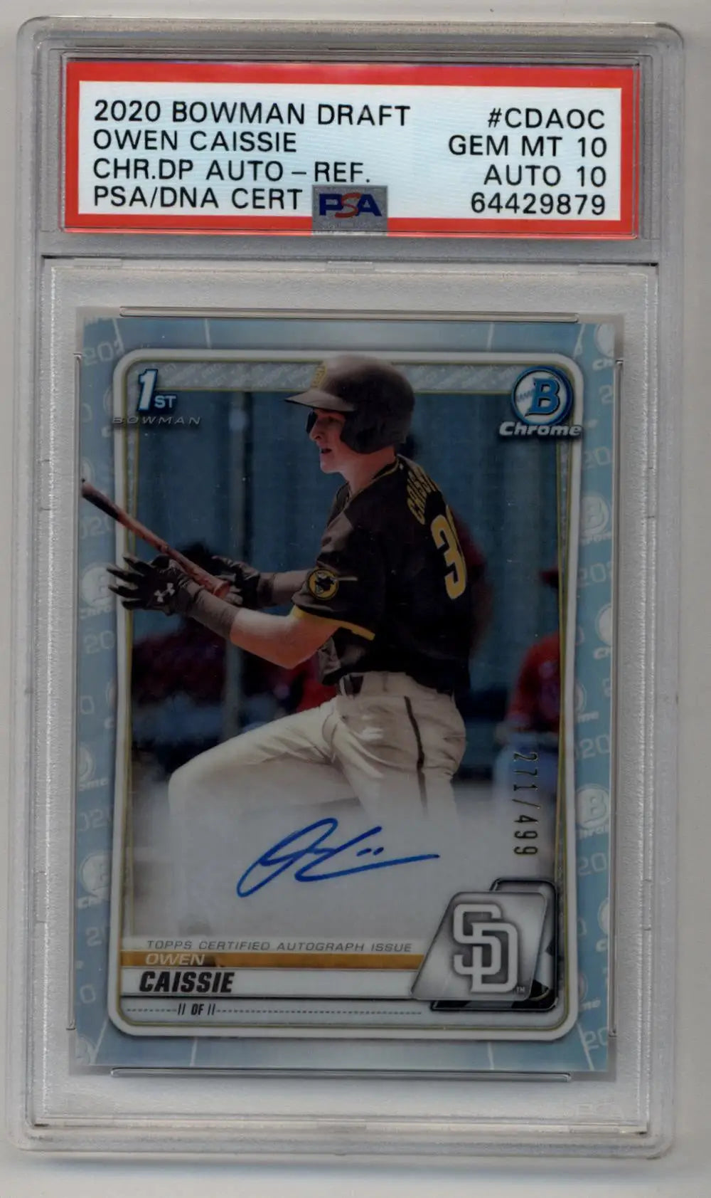 Slabbed 2020 Bowman Chrome Draft Refractor Auto Owen Caissie baseball card with autograph