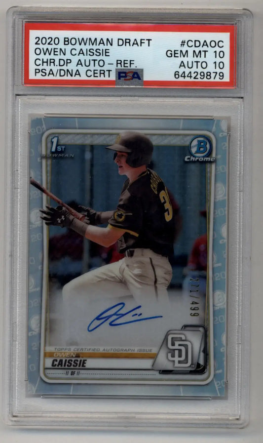 Slabbed 2020 Bowman Chrome Draft Refractor Auto Owen Caissie baseball card with autograph