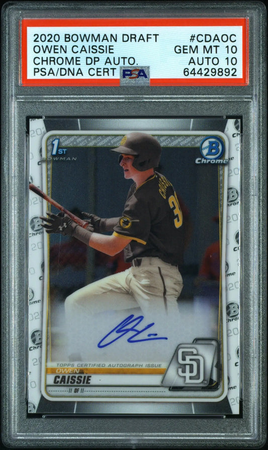 PSA-graded Owen Caissie 2020 Bowman Draft Chrome Auto featuring Padres player autograph