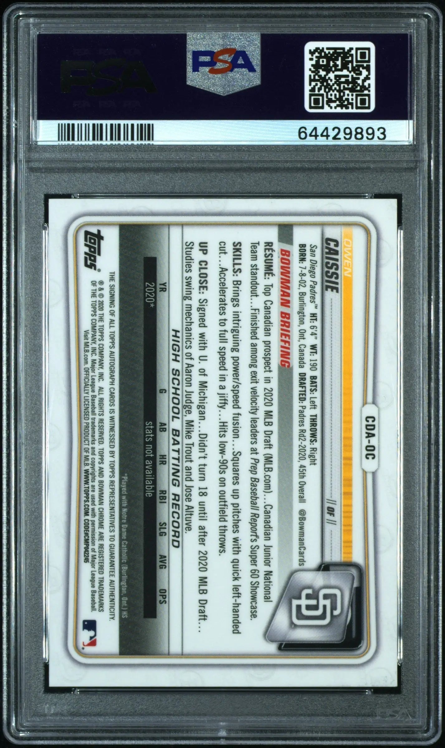 PSA-graded Owen Caissie 2020 Bowman Draft Chrome Auto in protective case, serial 64429893