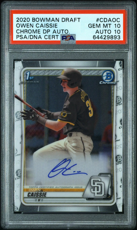 PSA-graded Owen Caissie 2020 Bowman Draft Chrome Auto card featuring Padres autograph