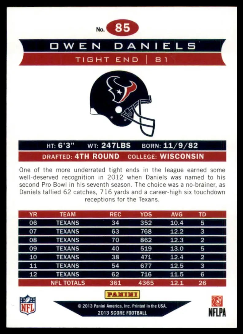 Owen Daniels 2013 Score Football trading card featuring Houston Texans player