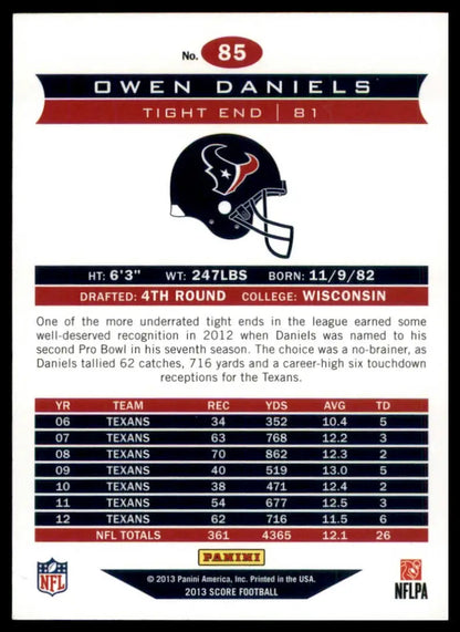 Owen Daniels 2013 Score Football trading card featuring Houston Texans player
