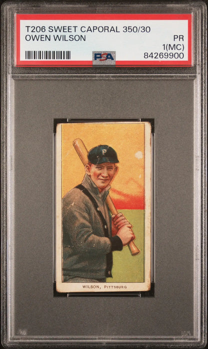 PSA-graded T206 Sweet Caporal card of Owen Wilson in gray jacket with bat