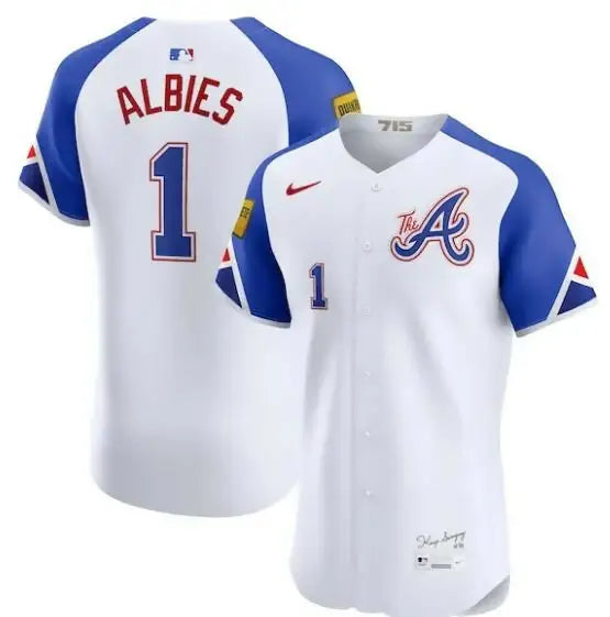 Baseball jersey with blue sleeves from Ozzie Albies Atlanta Braves Nike City Connect Elite Jersey