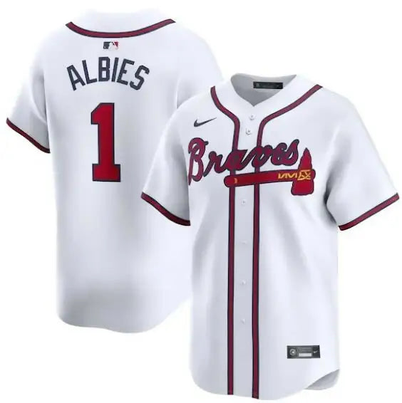 White Atlanta Braves baseball jersey featuring Ozzie Albies Nike Home Limited Player design