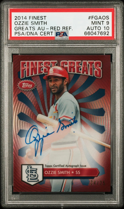 PSA-graded Ozzie Smith 2014 Finest Greats Red Refractor Auto #24/25 card displayed