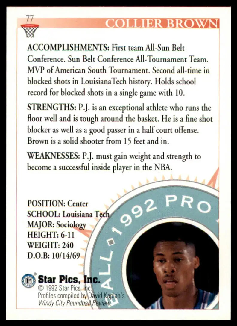 Collier Brown vintage basketball card from P.J. Brown 1992 Star Pics Louisiana Tech