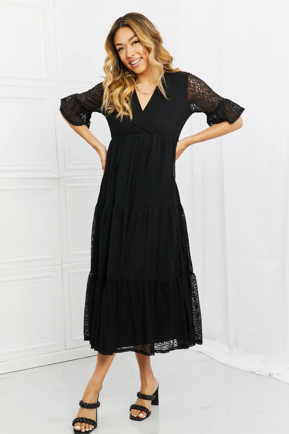 P & Rose Lovely Lace Full Size Tiered Dress - Black / S