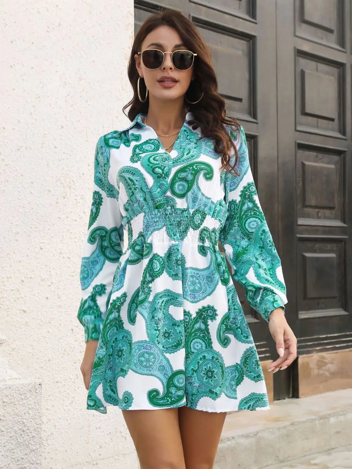 White and green paisley print Johnny collar smocked dress with V-neck and elastic waist