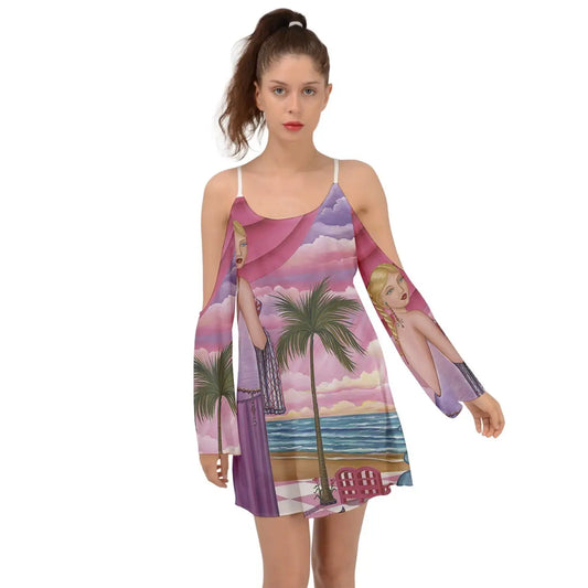Young woman in Palm Beach Melissa beach kimono dress with colorful kimono sleeves