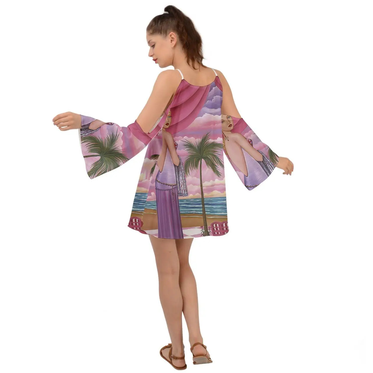 Women’s off-the-shoulder shift dress with kimono sleeves and beach scene print