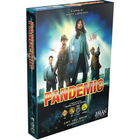 Pandemic board game box featuring deadly diseases and cooperative gameplay by Z-Man Games