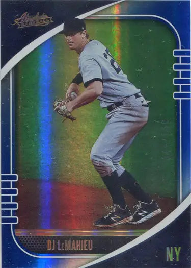 Baseball trading card of DJ LeMahieu in NY gray uniform, Spectrum Blue Parallel /149