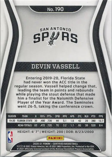 Panini Certified Basketball 2020-21 Base Card 190 Devin Vassell trading card image