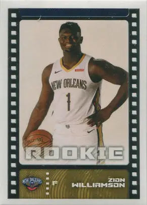 Basketball trading card sticker of Zion Williamson in New Orleans Pelicans jersey number 1