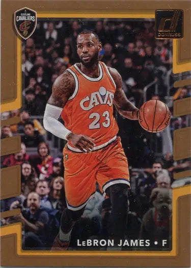 Basketball trading card featuring LeBron James in orange Cavaliers jersey number 23