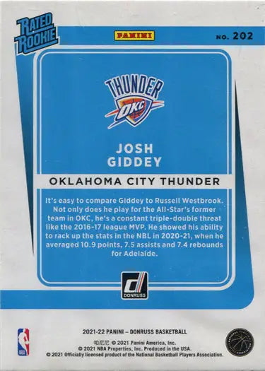 Basketball trading card of Josh Giddey from the Oklahoma City Thunder Panini Donruss set