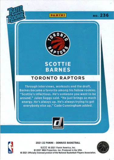 Scottie Barnes Toronto Raptors Green Yellow Laser Parallel Card from Panini Donruss 2021-22