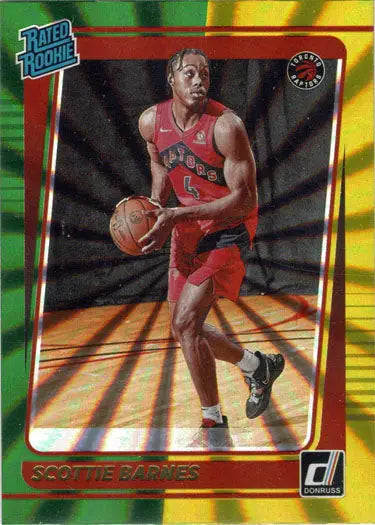 Basketball trading card of Toronto Raptors’ Scottie Barnes in green yellow laser design