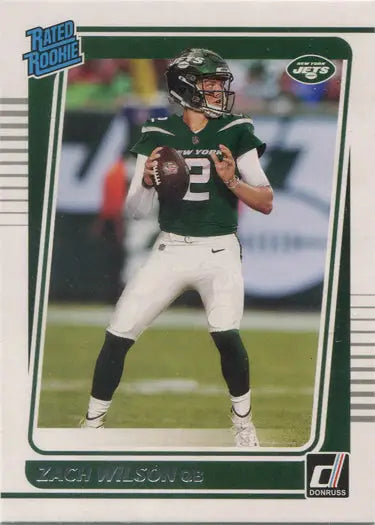 Football trading card of New York Jets quarterback Zach Wilson in throwing stance
