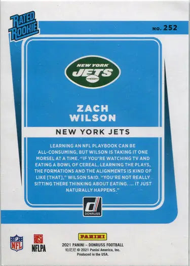 Zach Wilson New York Jets Panini Donruss 2021 Rated Rookie Base Card trading card