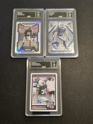 Three graded football trading cards including gem mint Panini Murphy Rookie Cooper Lazer Borregales Auto