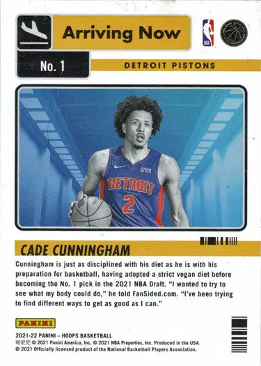 Panini Hoops insert card showing Cade Cunningham of the Detroit Pistons in blue jersey