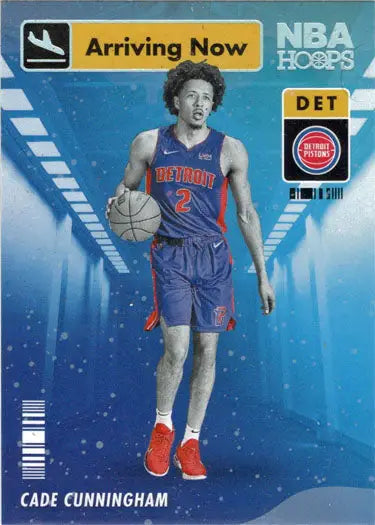 Basketball player in Detroit Pistons uniform with ball on Panini Hoops insert card