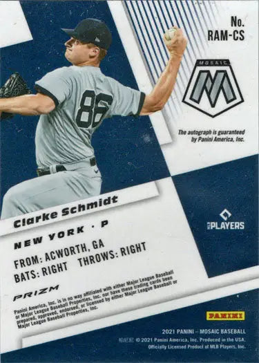 Baseball card of New York Yankees pitcher Clarke Schmidt wearing number 86 from Panini Mosaic