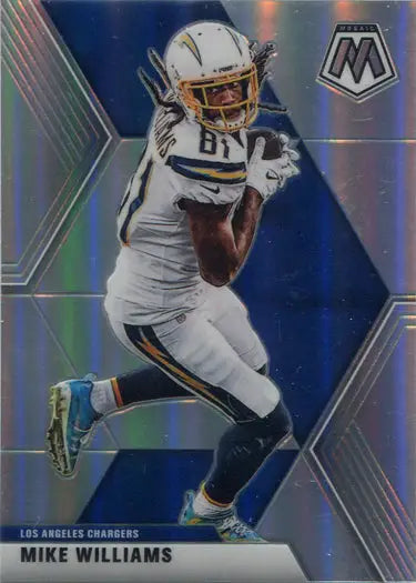 Football player in white Los Angeles Chargers uniform running with ball on Rainbow Prizm Parallel Card