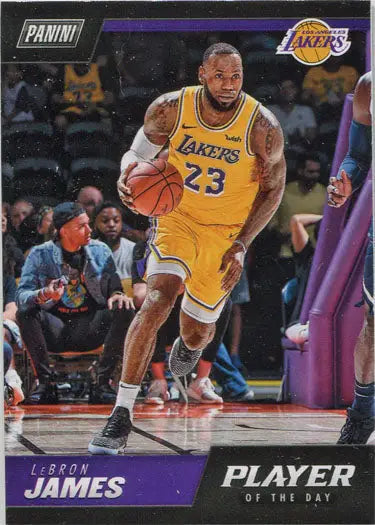 Basketball player in Lakers jersey number 23 dribbling for Panini Player trading cards