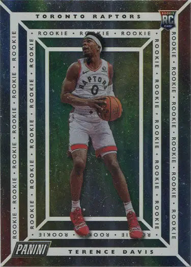 Basketball trading card of Toronto Raptors player in white uniform, silver foil parallel rookie