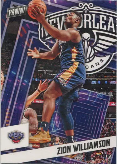 Basketball player in mid-air layup in New Orleans Pelicans jersey for Panini Player trading cards