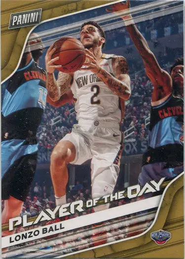 Basketball trading card of Lonzo Ball in action from Panini Player of the Day base card