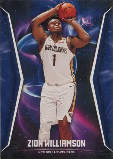 Basketball trading card base card of Zion Williamson in shooting pose for Panini Player