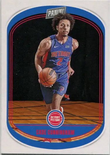 Basketball trading card featuring Cade Cunningham dribbling for the Detroit Pistons
