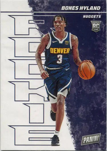 Denver Nuggets trading card featuring Bones Hyland dribbling in blue uniform