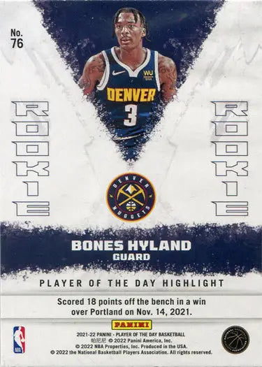 Denver Nuggets trading card of Bones Hyland wearing jersey number 3 from Panini 2021-22